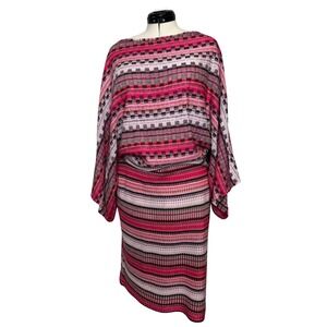 Trina Turk Pink Striped Knit Dolman Sleeve Blouson Midi Dress Coverup XL XXL